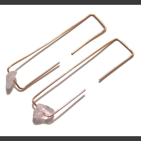 rose quartz pink gold rectangle earrings - Picture 3 of 7